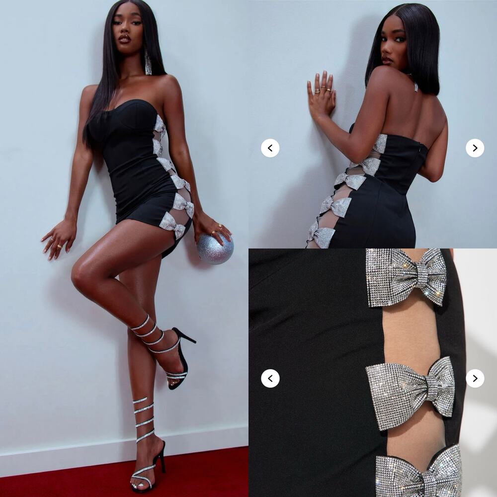 NEW with Tag  Fashion Nova Josie Embellished Mini Dress - Black Size XSmall Bows